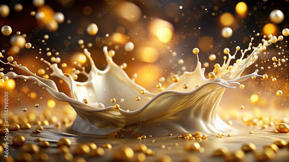 Poster captivating splash of milk infused with shimmering gold particles, creating a striking visual contra