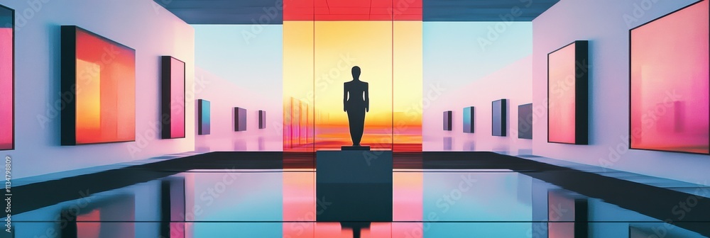 Aufkleber Visitors explore a virtual gallery showcasing colorful digital artworks and avatars, illuminated by the vibrant sunset backdrop. Generative AI