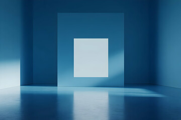 Minimalist blue room with blank poster.