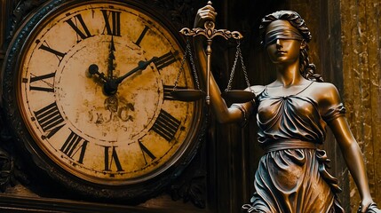 Scales of Justice and Vintage Clock in Ornate Courtroom