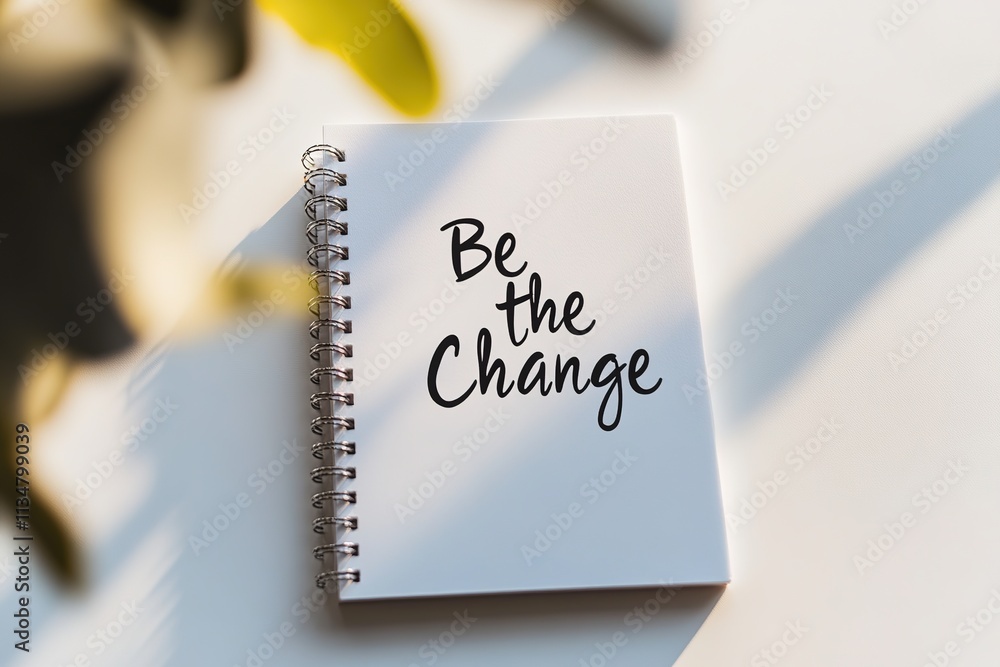Poster clean flat lay of notepad with be change written on it displayed on smooth white surface under brigh