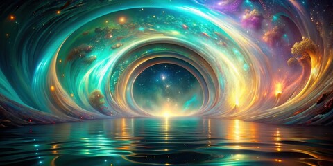 Obraz premium A celestial portal opens to a realm of infinite stars, revealing a shimmering reflection on the calm waters below.