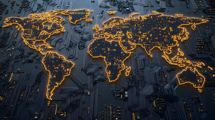 Digital world map Earth global network AI big data communication technology web internet connection transmission cyber online circuit board metallic interconnected connect 