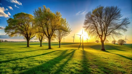 A picturesque scene of wind turbines standing tall against a backdrop of lush green fields, trees, and a vibrant sunset, showcasing the beauty of renewable energy and a harmonious natural landscape.