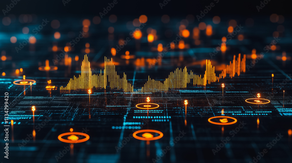 Poster a computer screen with a lot of orange and blue lines and dots