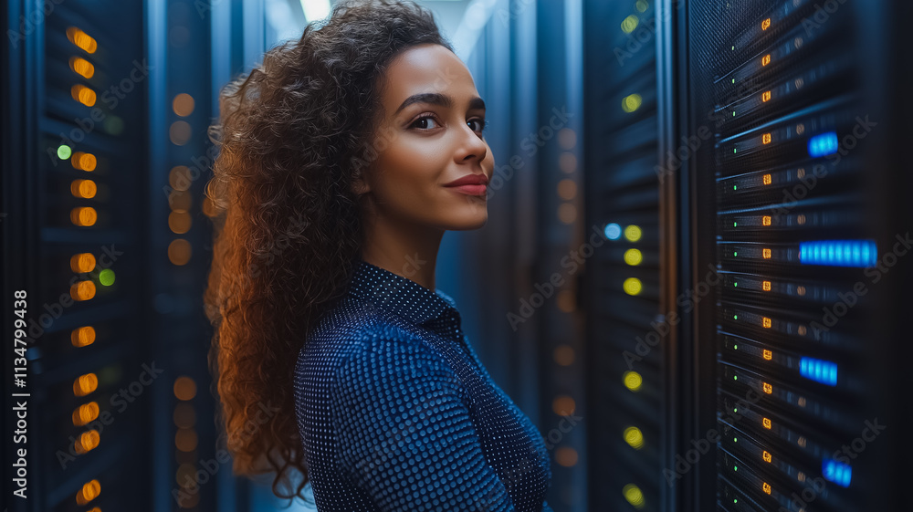 Poster a woman with curly hair stands in front of a row of computer servers. she is smiling and looking at 