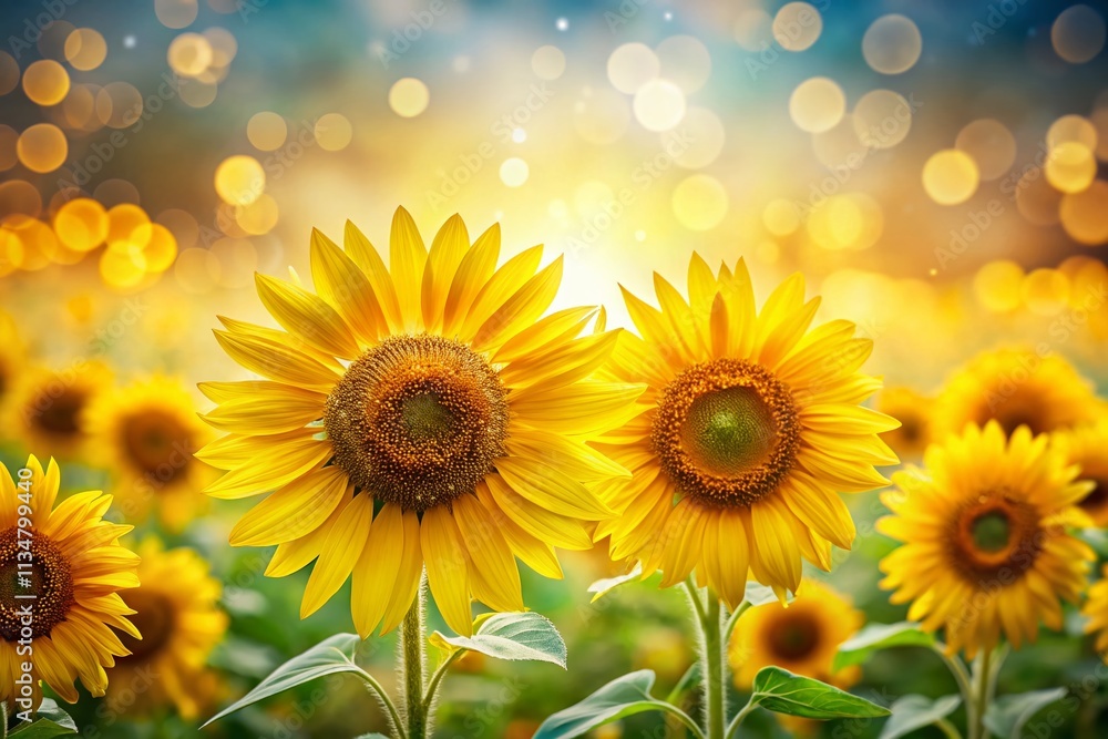 Poster captivating sunflowers in a vibrant field with bokeh effect on a soft white background for fresh and