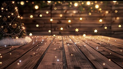 A wooden table with snow and Christmas decorations on it