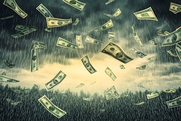 Money bills falling like rain against a dark, stormy sky, symbolizing wealth or financial turmoil.