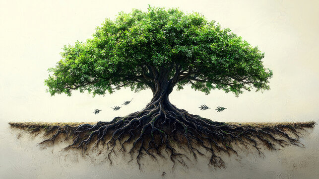 flourishing tree showcases abundant green leaves and sturdy branches rooted deeply in earth. Integrated symbols of success enhance its themes of growth and stability in clean background.