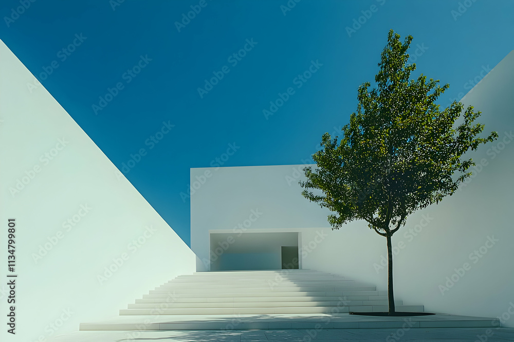 Poster minimalist white architecture courtyard with tree.