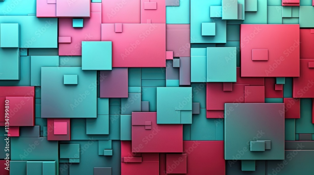 Poster Abstract geometric pattern with layered squares in teal and pink hues.