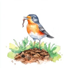 Obraz premium Watercolor illustration clipart of a robin with a worm in its beak standing on a patch of freshly turned soil, Digital clipart watercolor aesthetic, isolated on white background.