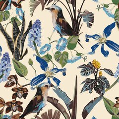 Tropical vintage wild pattern, banana tree, exotic flowers and bird floral seamless border beige background. Exotic abstract jungle wallpaper. 