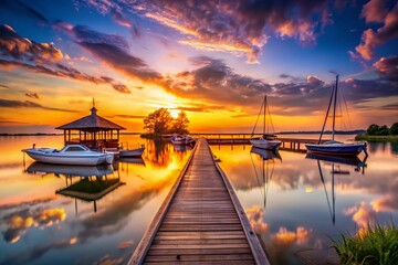 Fototapeta premium Captivating Sunset Over a Tranquil Dock with Silhouetted Boats and Reflective Waters, Perfect for Architectural Photography and Scenic Landscape Themes