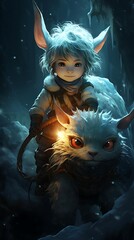Young boy with pointed ears and fluffy white creature in snowy forest at night.