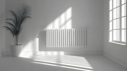 Obraz premium Minimalist white room with radiator, plant, sunlight.