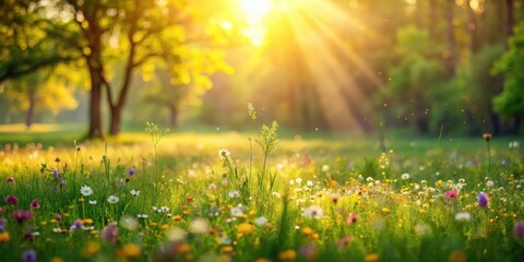 Obraz premium A sunlit meadow with wildflowers and trees in the background, showcasing the beauty of nature's vibrant colors and the warmth of a golden sunset
