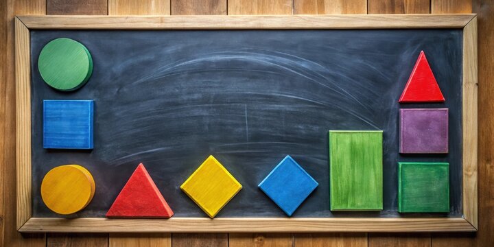 Drawing colorful geometry shapes on a chalkboard for educational categorization lesson, geometry, shapes, chalkboard