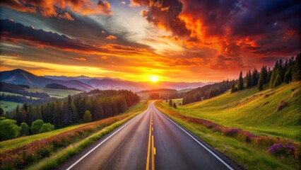 A Winding Road Through Verdant Hills As The Sun Sets Behind Majestic Mountains, Creating A Vibrant Sky With Fiery Hues