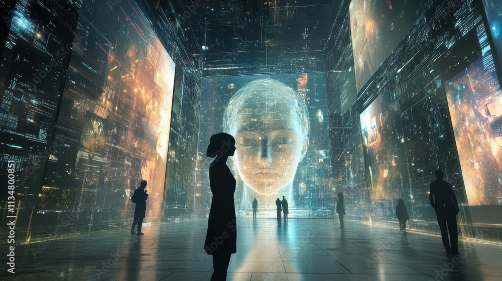 Leinwandbilder visitors engage with immersive virtual artworks and avatars in a cutting-edge digital gallery, exper