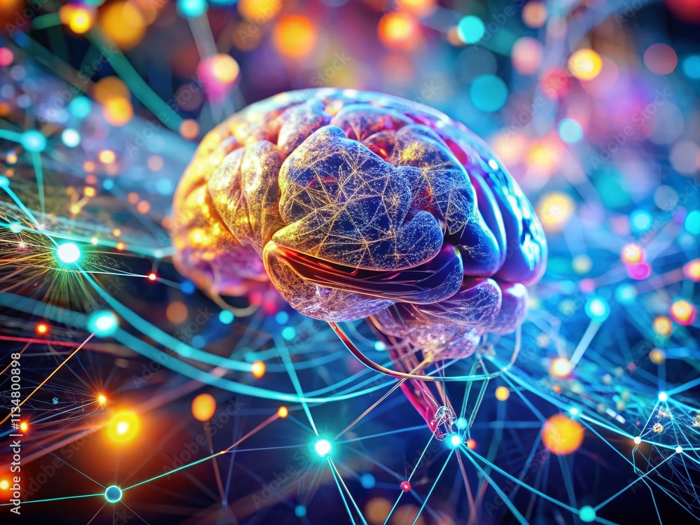 Poster captivating tilt-shift photography of a digital brain illustrating an abstract neural network with v