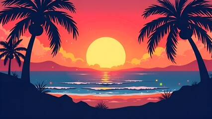 Sunset on the beach with silhouettes of palm trees.