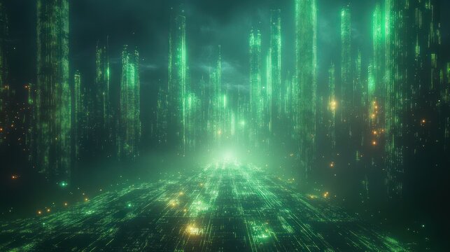 Glitch Art Abstract Background with Green Vertical Lines and Pixel Patterns Inspired by Retro Technology