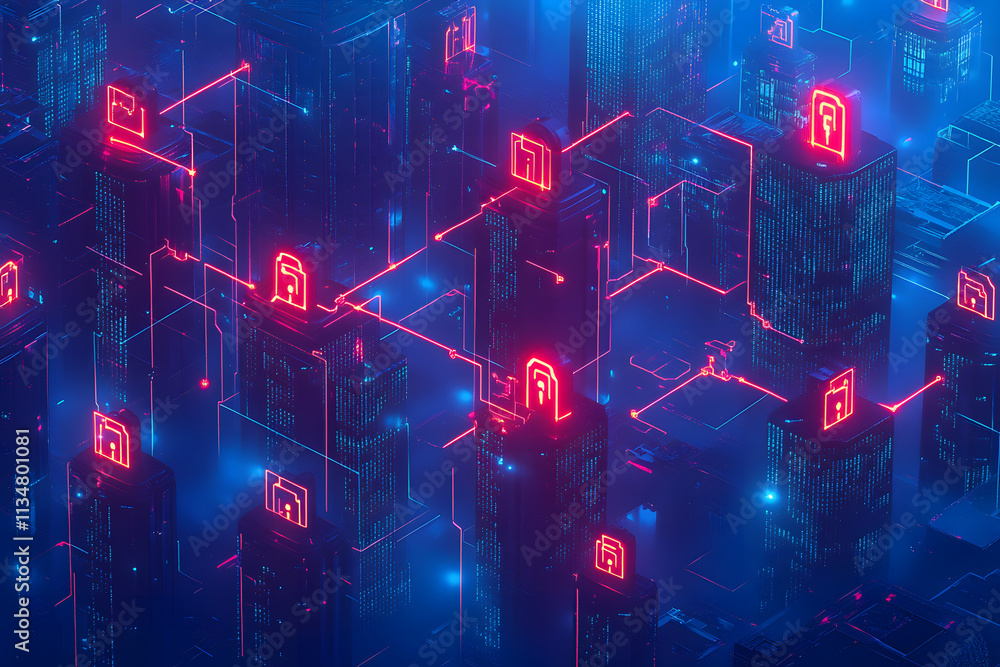 Canvas Prints digital illustration of cybersecurity and data centre protection. shield icon with a padlock symbol 
