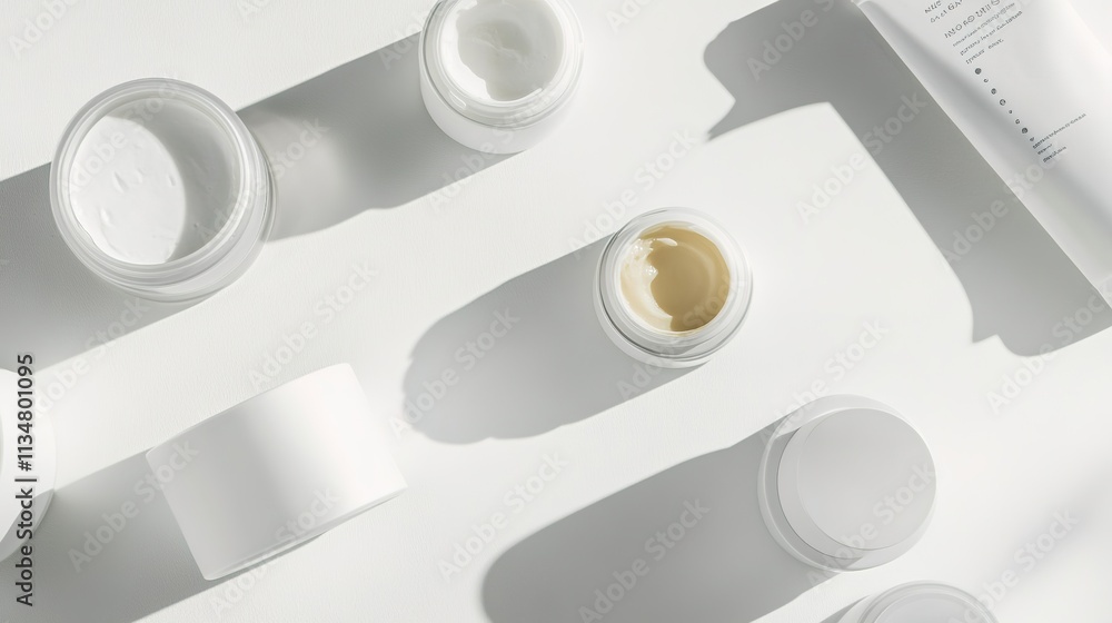 Poster clean flat lay of skincare containers and minimalistic branding displayed on matte white surface und