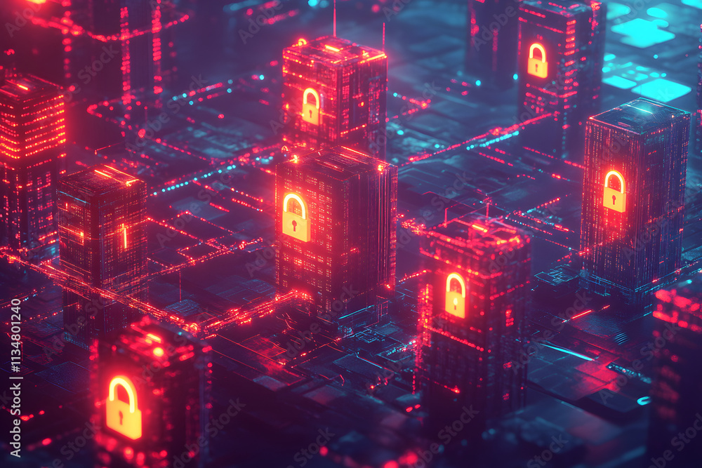 Poster digital illustration of cybersecurity and data centre protection. shield icon with a padlock symbol 