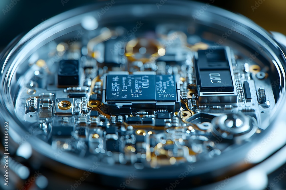 Poster close-up of a watch's intricate internal circuitry and components.
