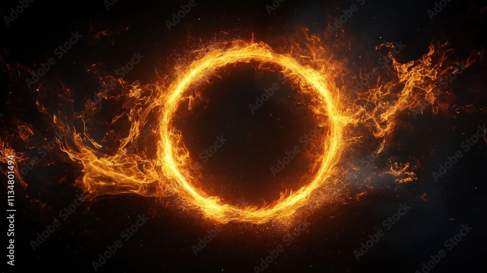 Poster fiery circle of flames with dynamic movement on black background in abstract style