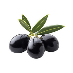 Three Black Olives with Green Leaves on a Black Background, on transparent background , png