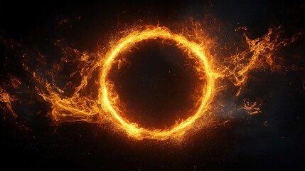 Fototapeta premium Fiery Circle of Flames with Dynamic Movement on Black Background in Abstract Style