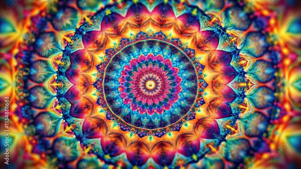 Poster captivating tilt-shift photography of a spinning mandala fractal, creating a psychedelic background 