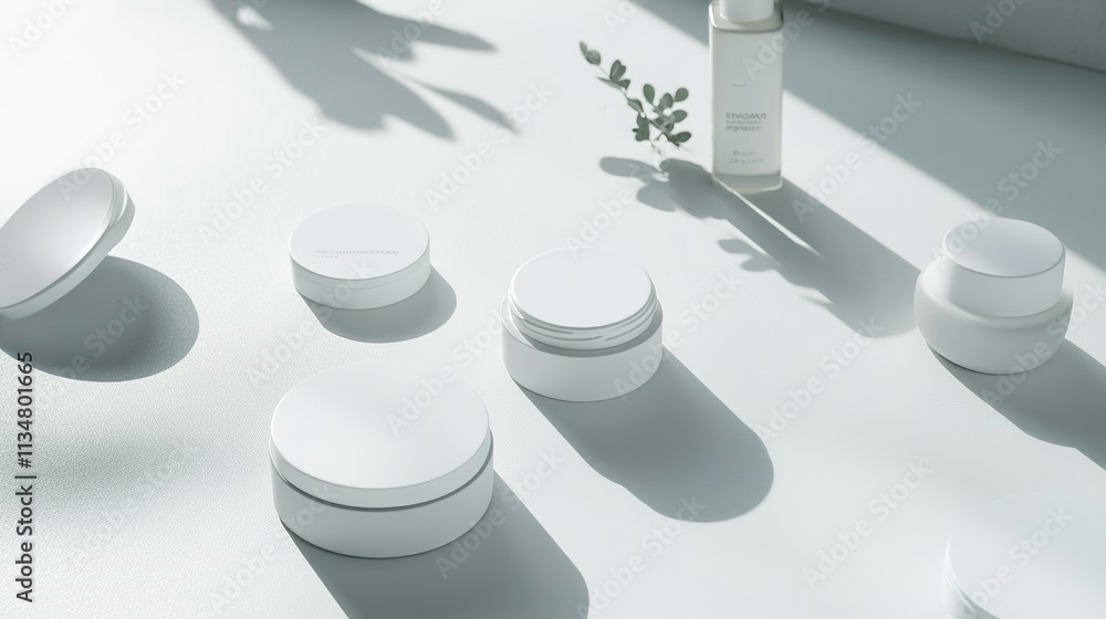 Poster clean flat lay of skincare containers and minimalistic branding displayed on matte white surface und