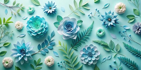 A symphony of blue and green paper flowers on a light blue background, a captivating display of nature's beauty recreated through artistic craftsmanship.