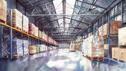 Fototapeta premium Digital illustration of an industrial warehouse with high ceilings and rows of pallets filled with boxes