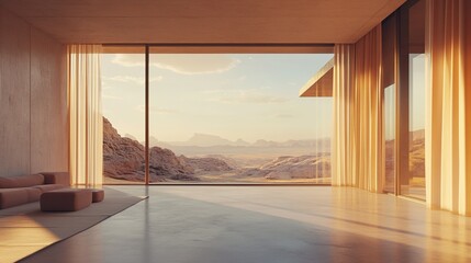 A minimalist desert villa with floor-to-ceiling windows, blending modern style with rugged desert terrain