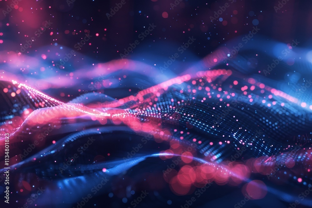 Poster colorful light waves and particles create a flowing visual effect in a dark space, evoking a sense o