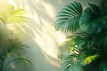 Tropical Palm Leaves and Shadows on White Wall Minimalist Natural Light