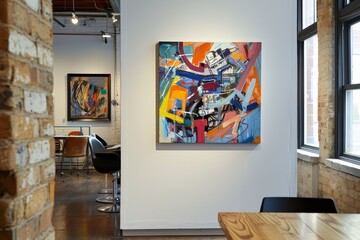 A vibrant abstract painting hangs on a white wall inside a contemporary café, illuminating the space with bold colors and creative energy during the day.
