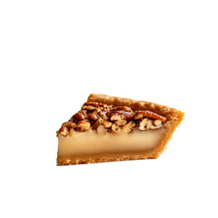 A slice of creamy pecan pie with a golden crust and a rich, nutty topping, showcasing its delicious layers.