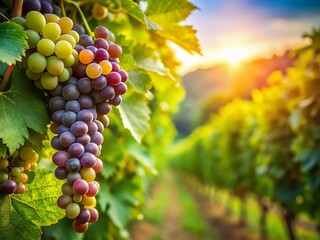 Naklejka premium Captivating Tilt-Shift Photography of Ripening Grapes in a Lush Vineyard Under Blue Skies with Sunlight Filtering Through Leaves, Creating a Beautiful Miniature Effect