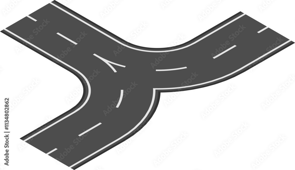 Poster y shaped highway intersection joining two roads, creating a fork in the road, symbolizing a choice o
