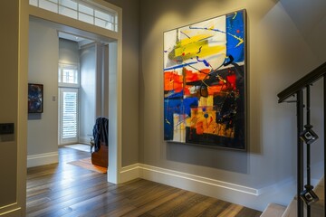 A vibrant abstract painting featuring bold colors adorns the wall of a modern hallway, illuminated by natural light streaming in from nearby windows.