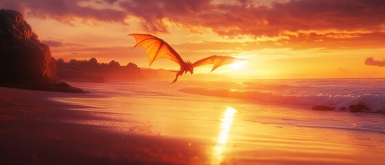 A majestic dragon flies over a sunset-kissed beach, its wings illuminated by the golden horizon in a fantastical scene.