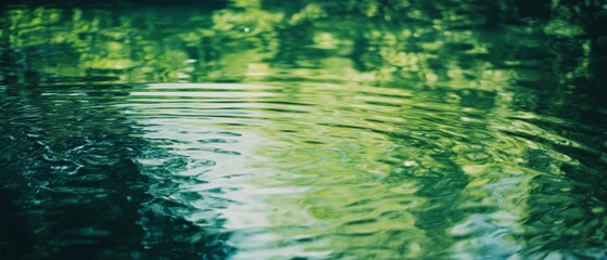 Soft ripples distort the reflection of vibrant green foliage over a tranquil pond, evoking a sense of serene harmony with nature.