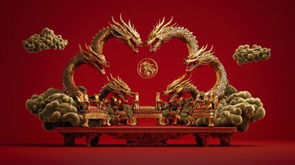 Elegant Golden Dragons on Red Background with Mystical Clouds